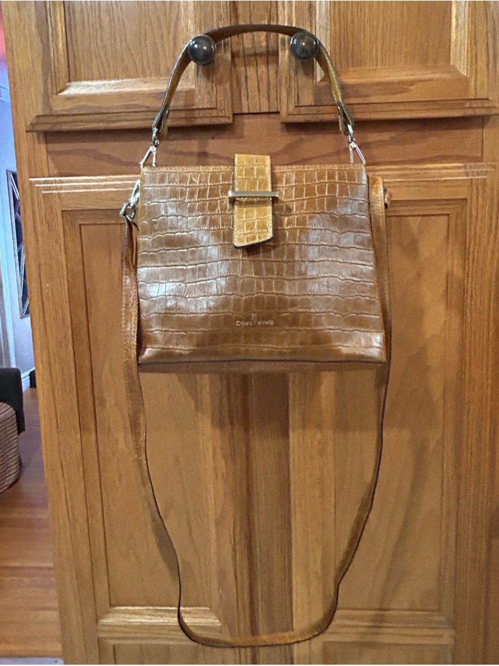 Croc-Embossed Tan Leather Satchel with Top Handle